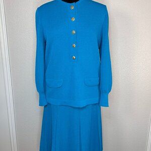 Vintage Castleberry Teal/Blue 2-Piece Knit Dress with Gold Tone Buttons -Size 14